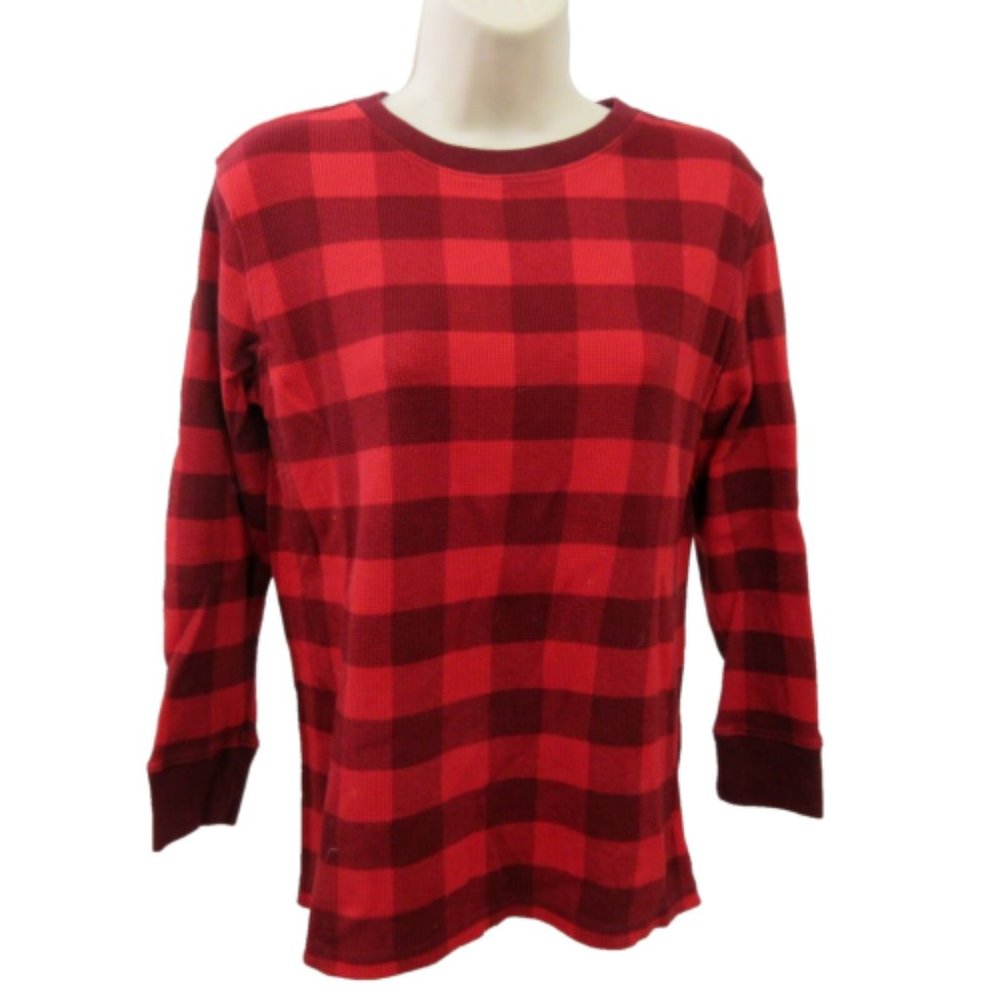 CHEROKEE Waffle Top XL (16) Red Buffalo Plaid Pullover 100% Cotton Long Sleeve